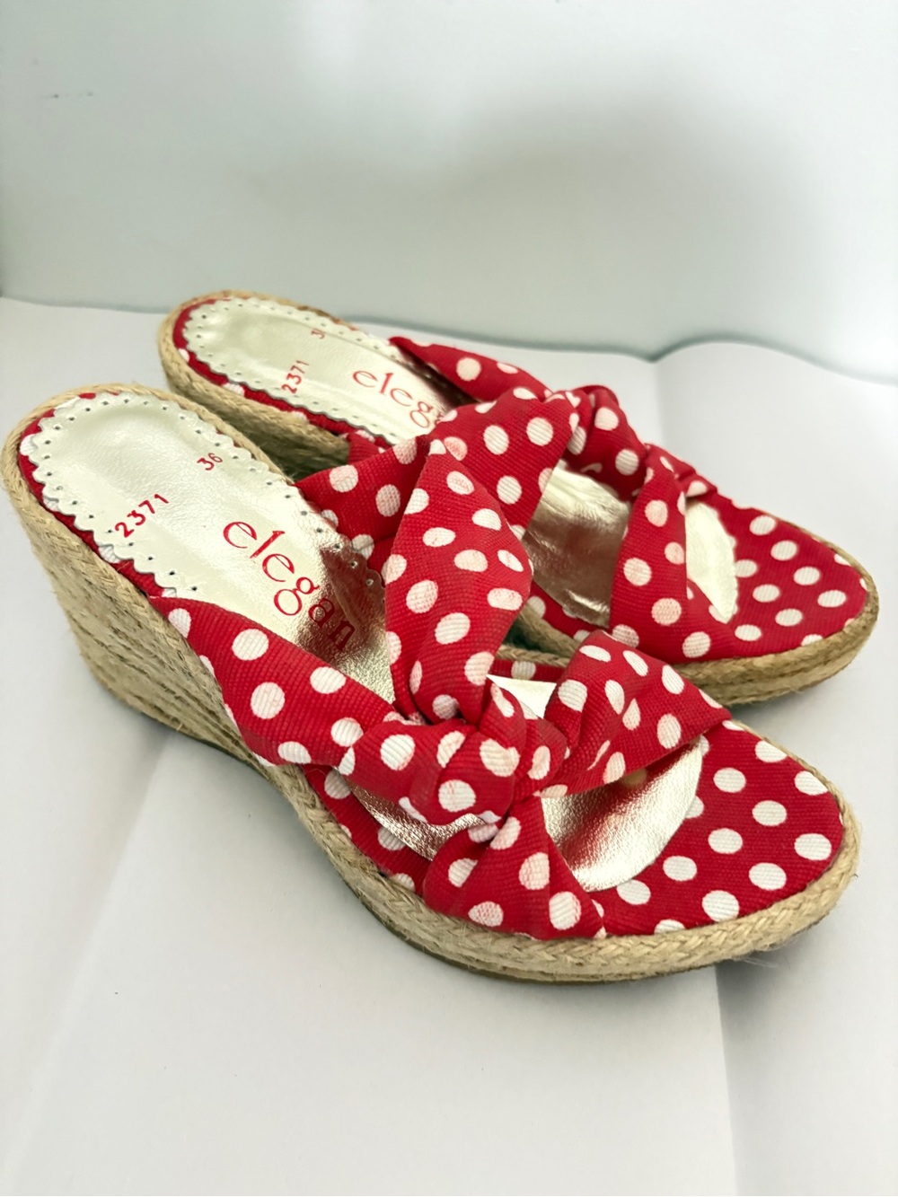 Elegan Red & White Polka Dot Espadrille Wedge Sandals | EU 36 / US 5.5–6 | NWOB